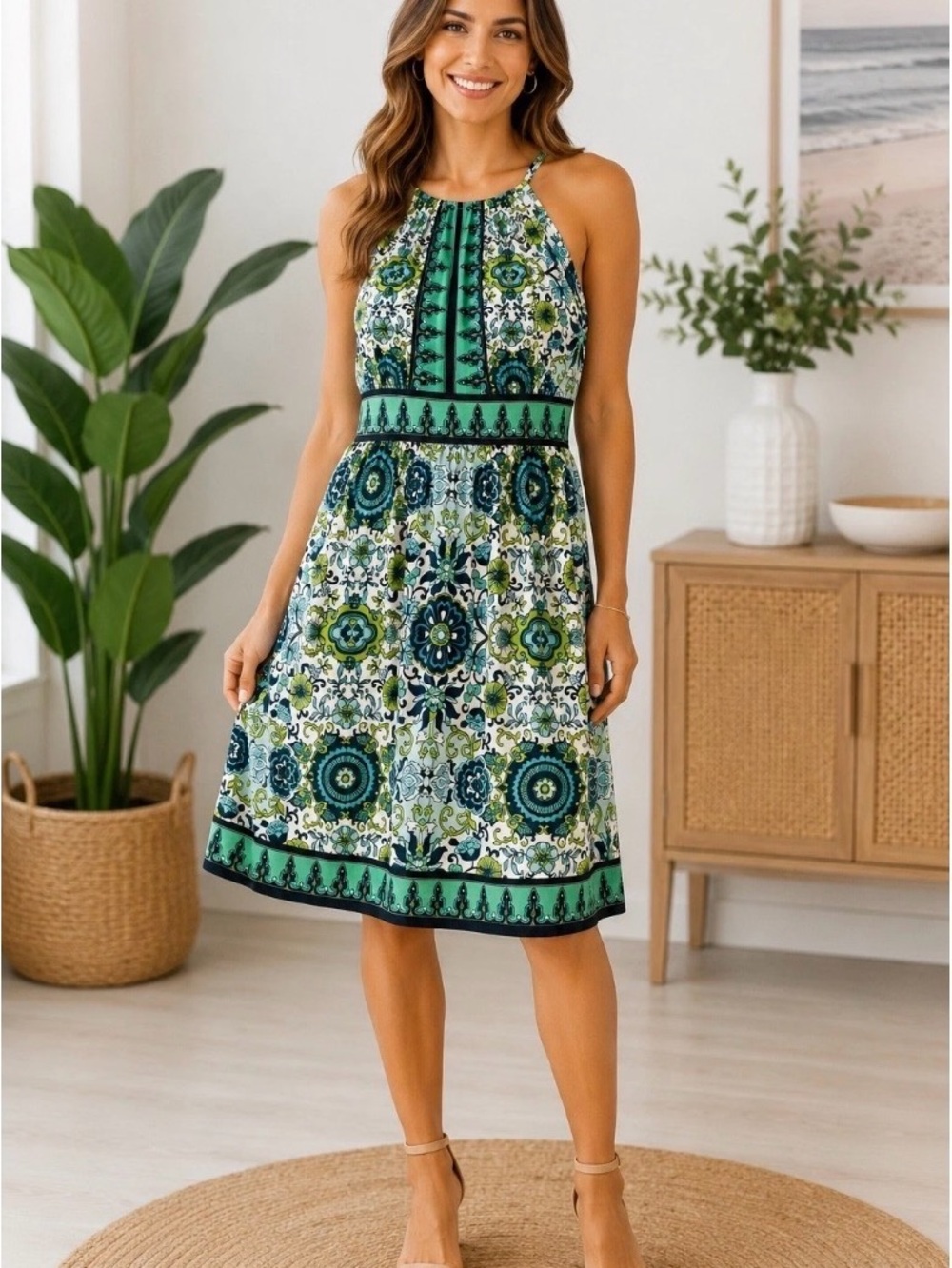 London Times Green and Blue Halter Medallion Dress Sz 10 Knit vibrant Pattern